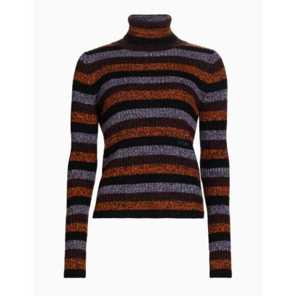 Ganni Multicolor Striped Cut-Out Merino Wool Turtleneck Sweater, Size Medium - Picture 1 of 7